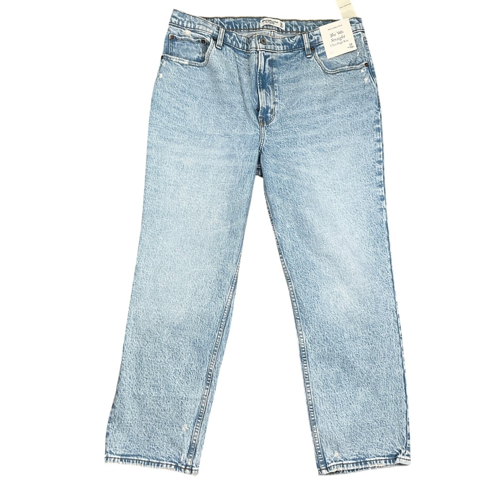 Abercrombie & Fitch 90s Straight Jeans Womens‎ 33/16S Blue Distressed High Rise